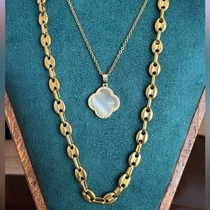 Gold Necklace Set: Status Link DesignerInspired & a White Clover Pendant/Chain
